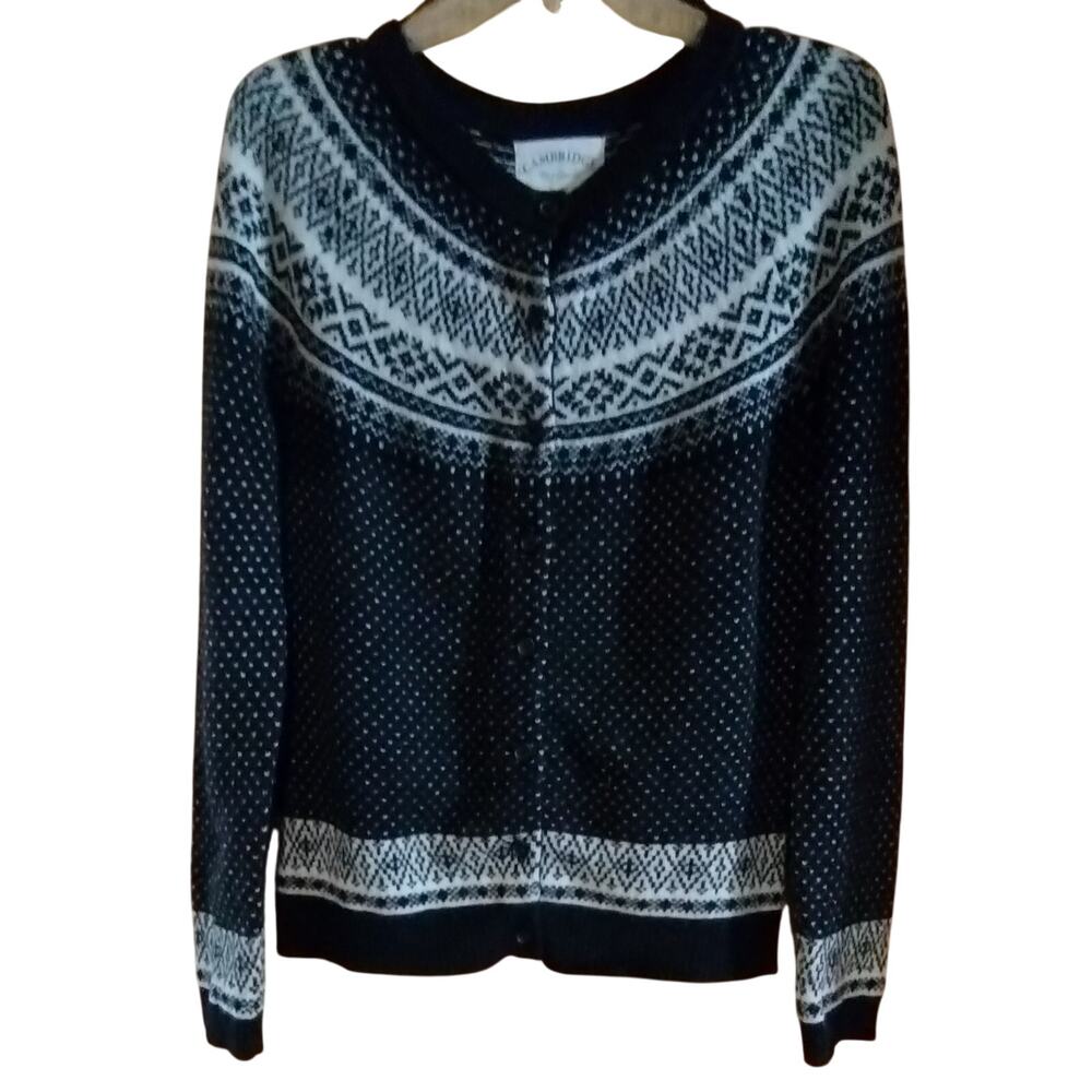 Cambridge Dry Goods Fair Isle Cardigan Sweater M Black White Lambswool Blend
